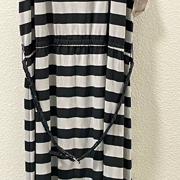 FEVER Maxi Sleeveless Jersey Stripe Belt Side Splits Tank Dress, Black/Gray - L - Picture 2 of 8